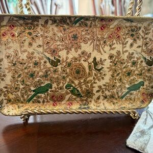 Vintage Floral & Bird Patterned paper mache serving Tray w/Gold Accents Japan